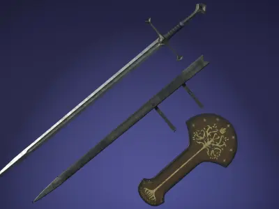 Anduril sword from LOTR with scabbard band and stand Low-poly 3D model