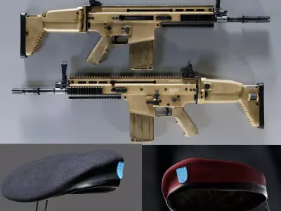 SCAR Gun with Military Beret Set  Low-poly 3D model