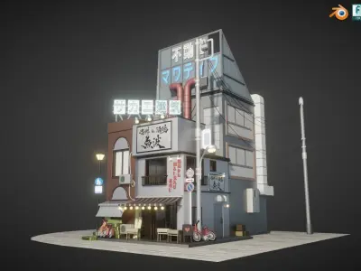 Stylized Japanese Street corner Store and Shops Low-poly 3D model