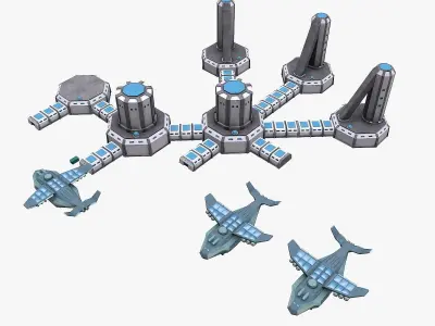 Space Factory and Cargo Spaceship Low-poly 3D model