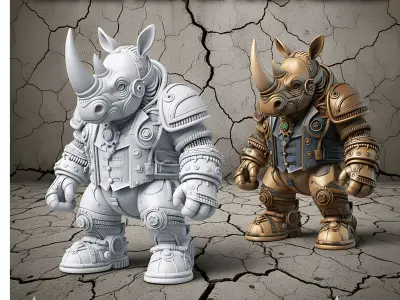 Steampunk Warrior Rhino STL File - 3D Printed Mecha Figure  3D print model