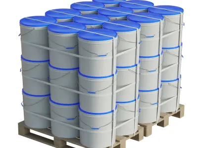 Plastic Paint Buckets On Wood Pallets 3D model