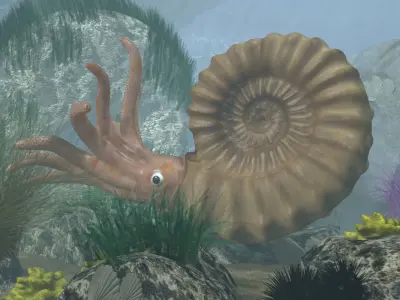 Ammonite with complete underwater scene Low-poly 3D model