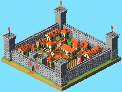 Voxel Medieval Castle Town Low-poly 3D model