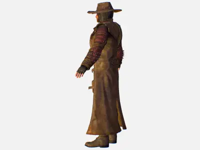 Man Cowboy Leather Coat Wide-Brimmed Hat Game Character Low-poly 3D model