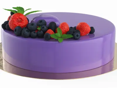Glazed Round Cake with Mint and Berries 3D model
