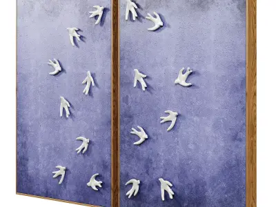 Wall art with ceramic birds on a textured blue surface 3D model