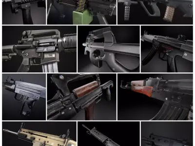 Modern AAA Game Ready weapons pack Assault Rifles SMGs and LMG Low-poly 3D model