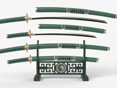 Green Double Bladed Katana Wakizashi and Stand 3D model