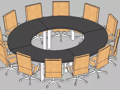 Modern Circular Conference Table with Wood-Finish Office Chairs 3D model