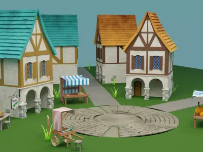 Tiny asset Middle Ages market village Low-poly 3D model