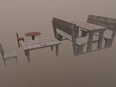 Medieval tables Medieval chairs Low-poly 3D model