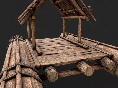 Primitive Wooden Raft Survival Boat Hut Shelter Low-poly 3D model