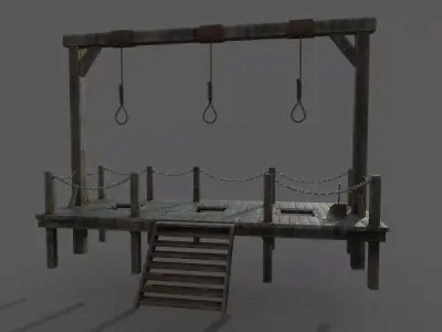 Gallows 3D model wooden platform with ropes hanging from it Low-poly 3D model