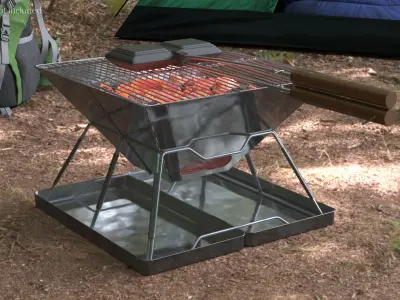 Cast Iron Sandwich Press on Camping Grill 3D model