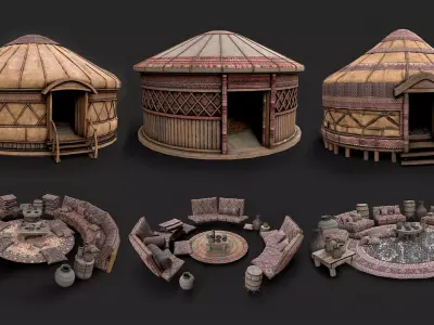 Mongolian Yurt and Interior Low Poly PBR Collection 