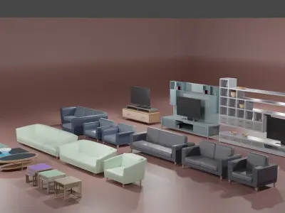 Furniture Set entertainment center with tv Low-poly 3D model