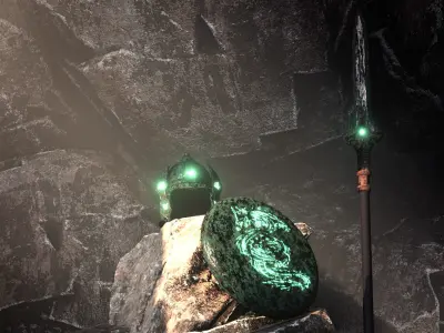 Medieval Chinese Warrior set -Helmet-Shield- Spear in cave scene 3D model