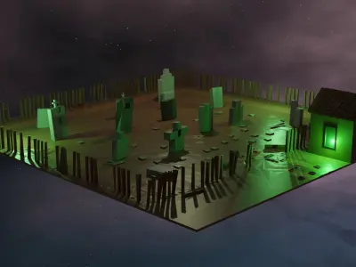 Low poly cemetery graveyard with lights Low-poly 3D model