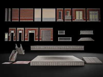 MODULAR BUILDING WITH INTERIOR KITBASH 04 Low-poly 3D model