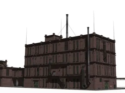 Factory brick building with pipes Low-poly 3D model