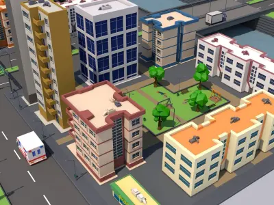 Low Poly City 3D model with buildings and roads Low-poly 3D model