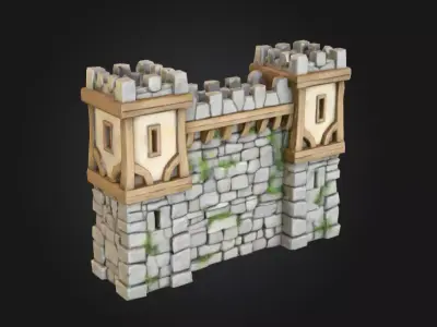 Whimsical Medieval Village Wall Section Low-poly 3D model