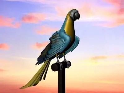 3d Bird model parrot perched on pole at sunset Low-poly 3D model