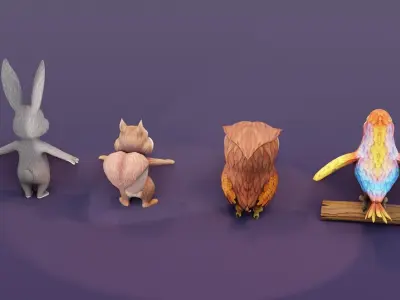 Ara Parrot Owl Squirrel Rabbit Pack 3D Model Low-poly 3D model