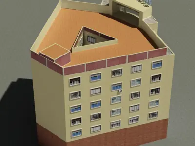 Building hotel with windows and balconies Low-poly 3D model