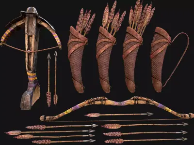 Bow Crossbow Quiver Arrows Archer Medieval Set Low-poly 3D model