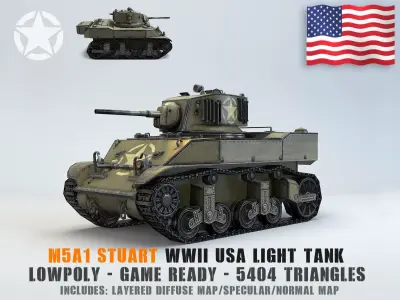 Low Poly M5A1 Stuart light tank Low-poly 3D model