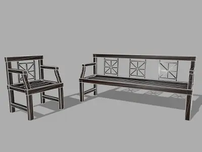 Outdoor Bench and Chair Low-poly 3D model