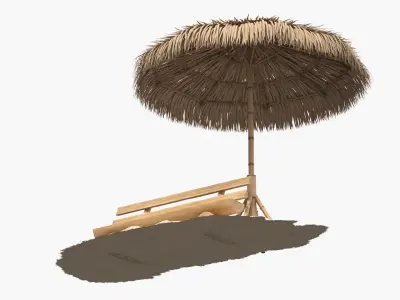 Wooden Bench under Straw Umbrella on Sand 3D model