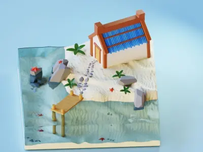 stylized house with ocean  3D model