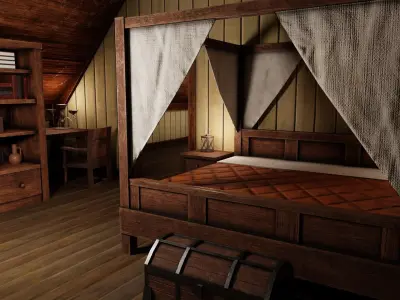 Medieval Inn with Interior Low-poly 3D model