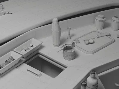 Professional Curved Cocktail Bar Station and Underbar Set 3D model