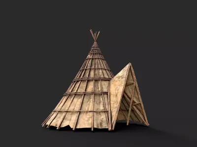 Primitive Wood and Fabric Tent Shelter 8 Low-poly 3D model