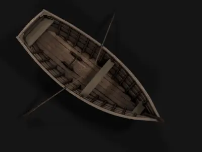 wooden boat with oars Low-poly 3D model