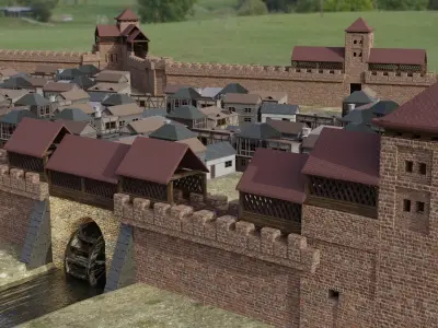 Castle Wall and village pack with interior Low-poly 3D model