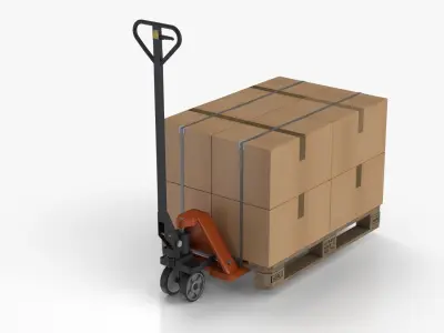 Hand pallet truck and Boxes Low-poly 3D model