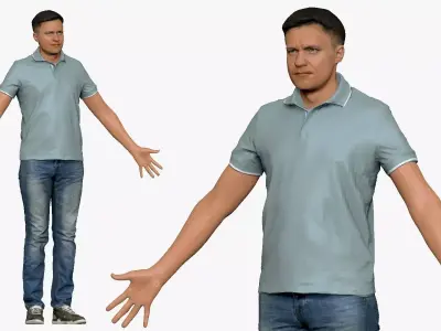 001290 man in blue jeans white bluish polo A pose low poly Low-poly 3D model