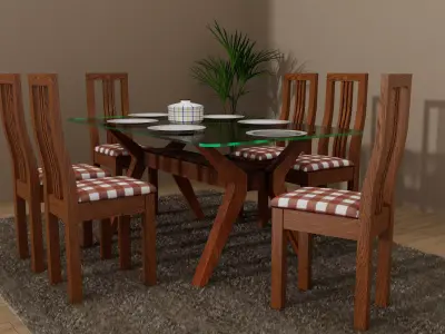 Modern Wooden Dining Table Set Low-poly 3D model