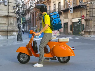 Delivery Man on Retro Scooter Standing 3D model