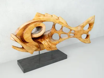 Mid Century Fish Sculpture in Carved Wood 3D model