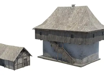 Medieval tower castle and stable Low-poly 3D model