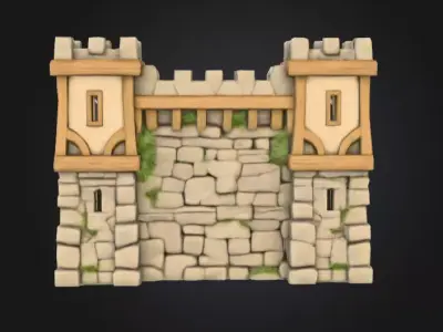 Whimsical Medieval Village Wall Section Low-poly 3D model