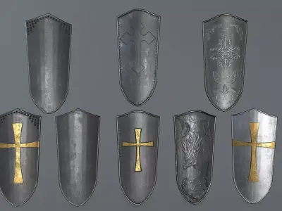 shield set 3 man holding and sword Low-poly 3D model