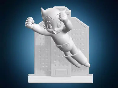 Astro Boy Flying Over City Miniature 3D print model