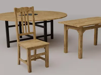Wooden Round Table and Chair Dining Room Furniture 3D model